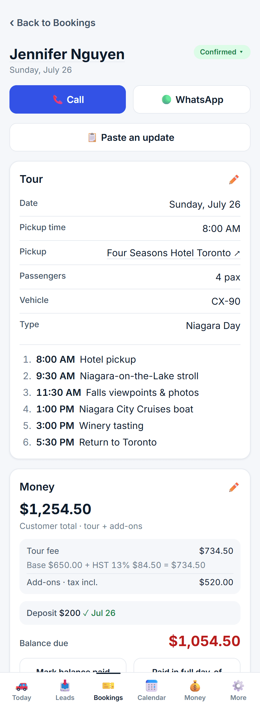 A FleetDesk booking — tour details, timed itinerary and full money breakdown
