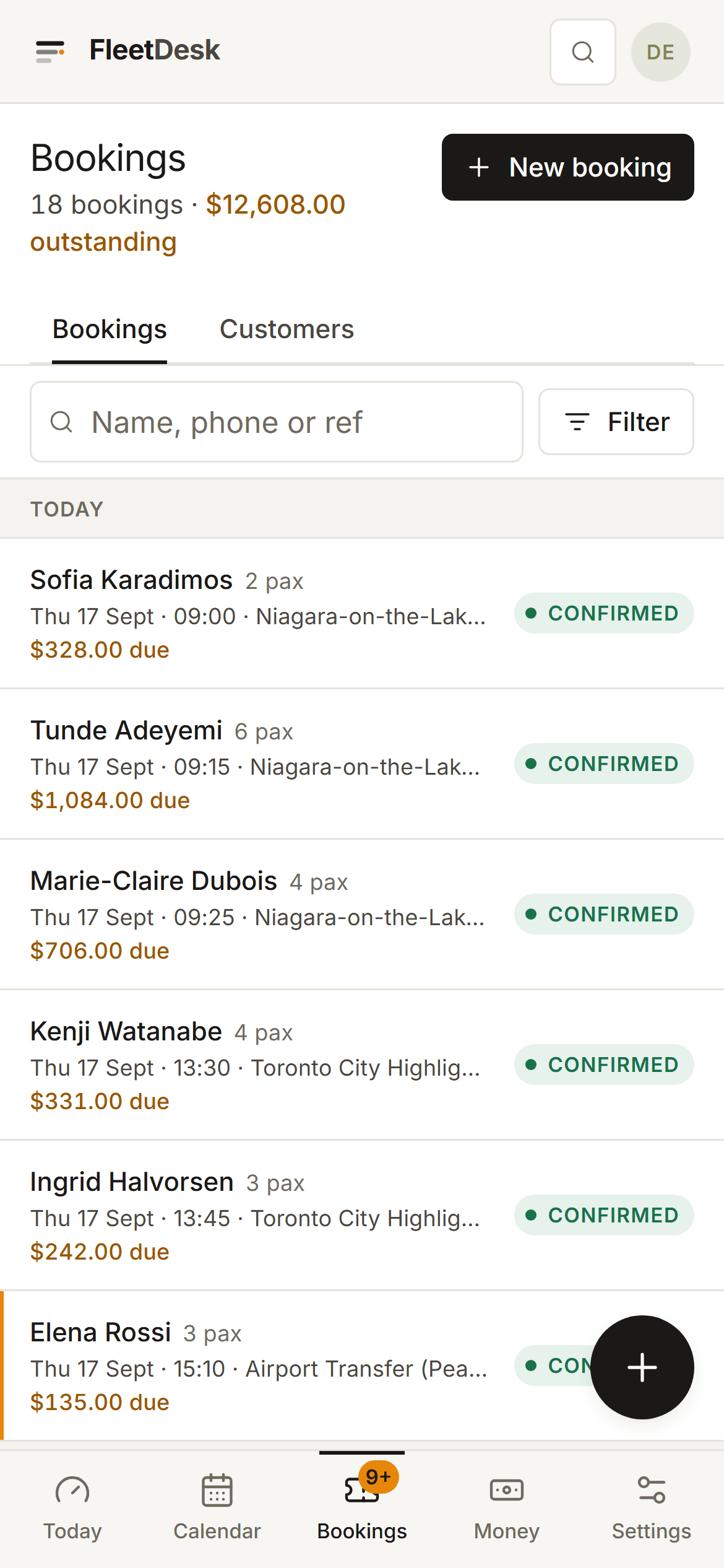 The FleetDesk bookings list on a phone: customer, party size, date, status and balance due stacked per card, grouped by day.