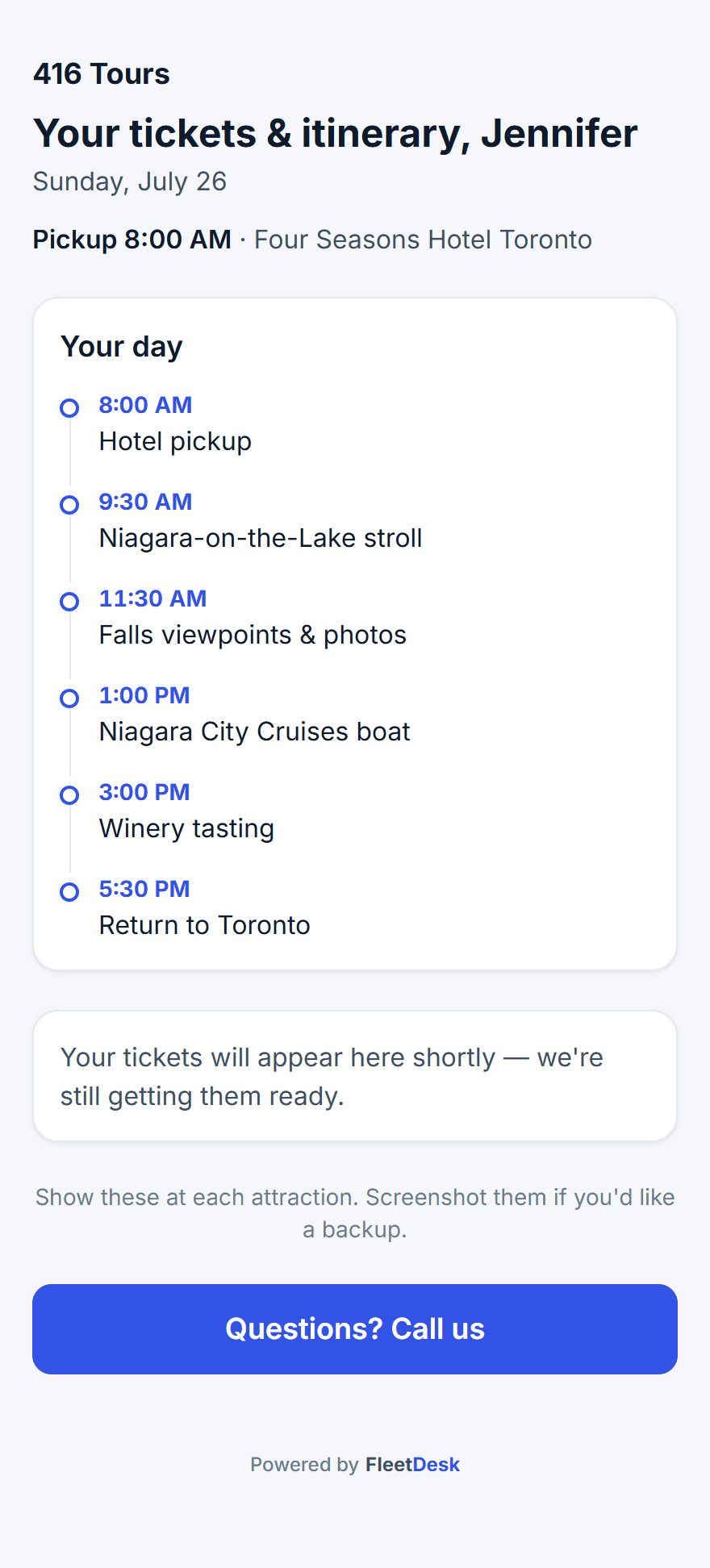 A branded customer ticket page — itinerary, pickup and tickets, powered by FleetDesk