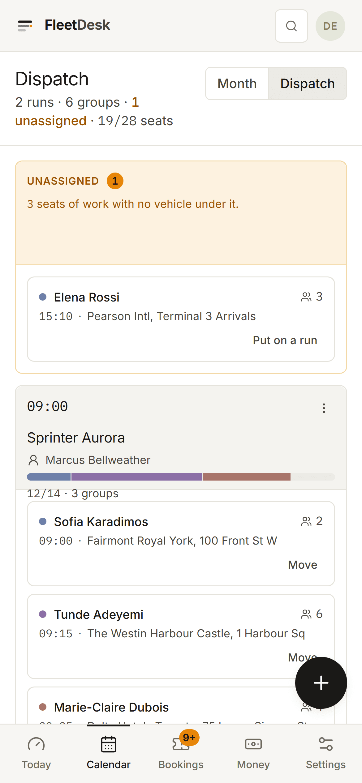 The FleetDesk dispatch board on a phone: the amber unassigned card at the top with a "Put on a run" action, then each run listed with its vehicle, driver, seat-load bar and a "Move" action per passenger.