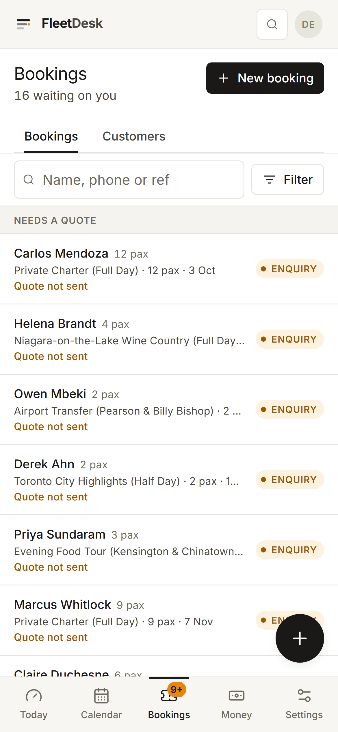 The FleetDesk bookings list on a phone, filtered to enquiries: customer, party size and tour stacked per card under "Needs a quote", each marked "Quote not sent."