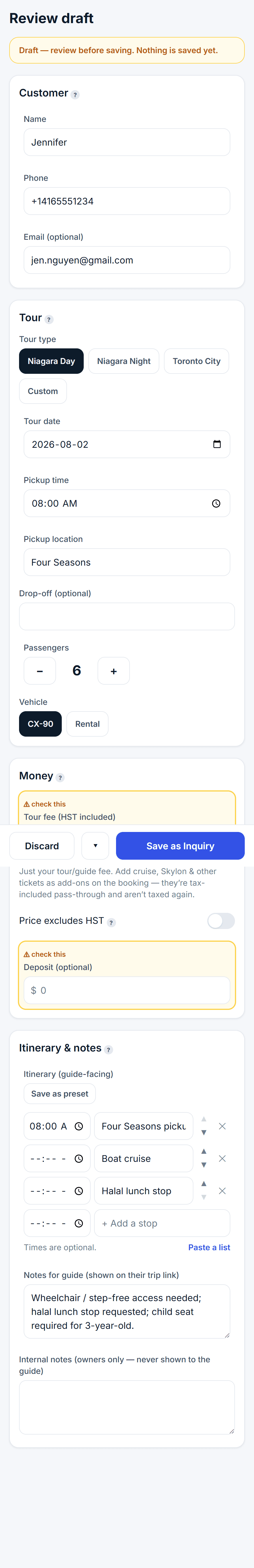FleetDesk reads the message into a structured draft booking — name, date, pickup, pax and add-ons