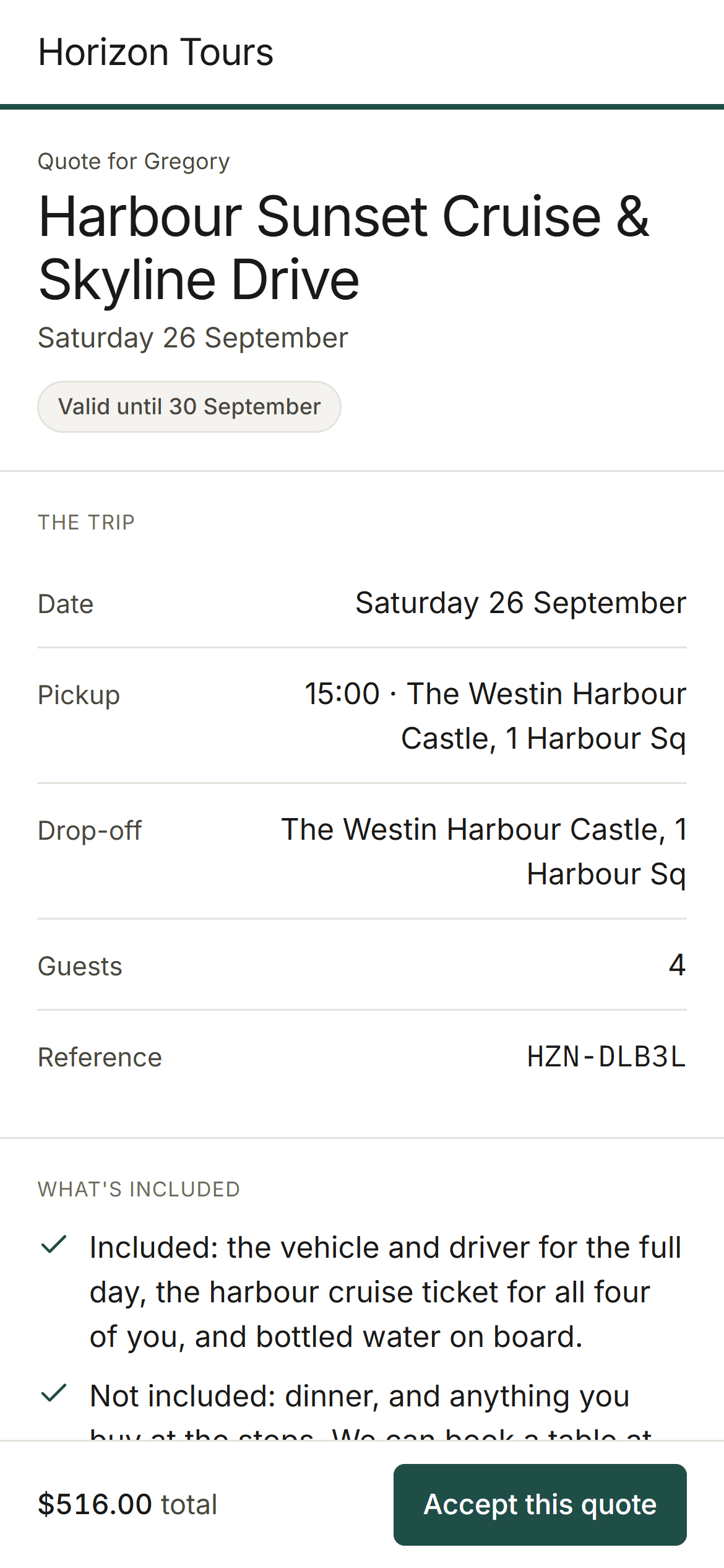 A quote page on a phone, carrying the operator’s own name and colours: the trip, the date, the pickup, the party size, what is and is not included, the total, and a single "Accept this quote" button. FleetDesk is not named anywhere on it.