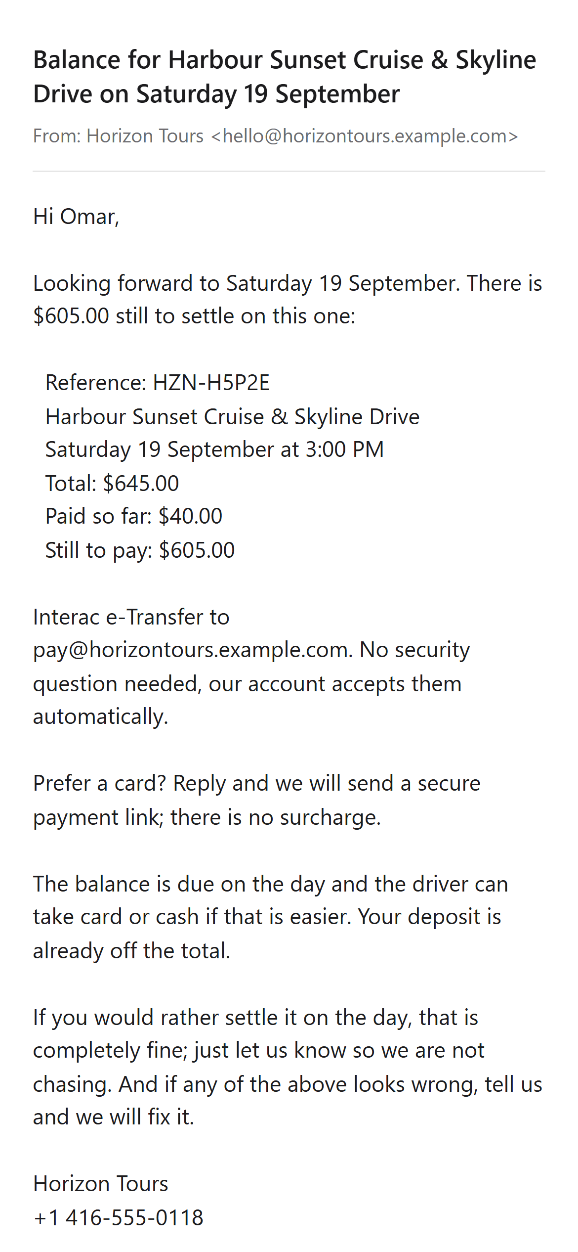 A trip balance reminder email on a phone, from Horizon Tours: the upcoming trip, the total, what has been paid, what is still owed, and how to pay it by e-transfer.