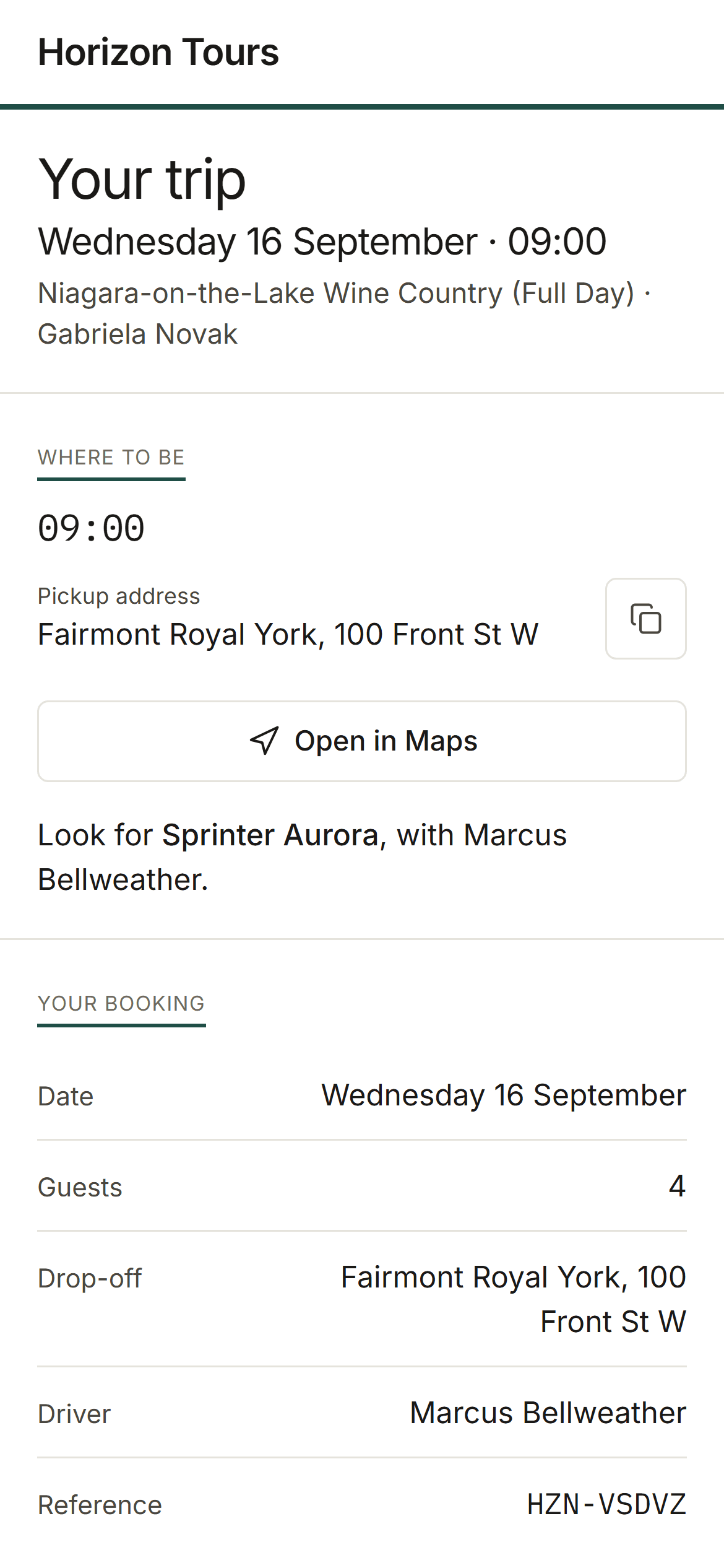 A guest's ticket page on a phone, in the operator's branding: what they booked, when and where to be picked up, and who to call.