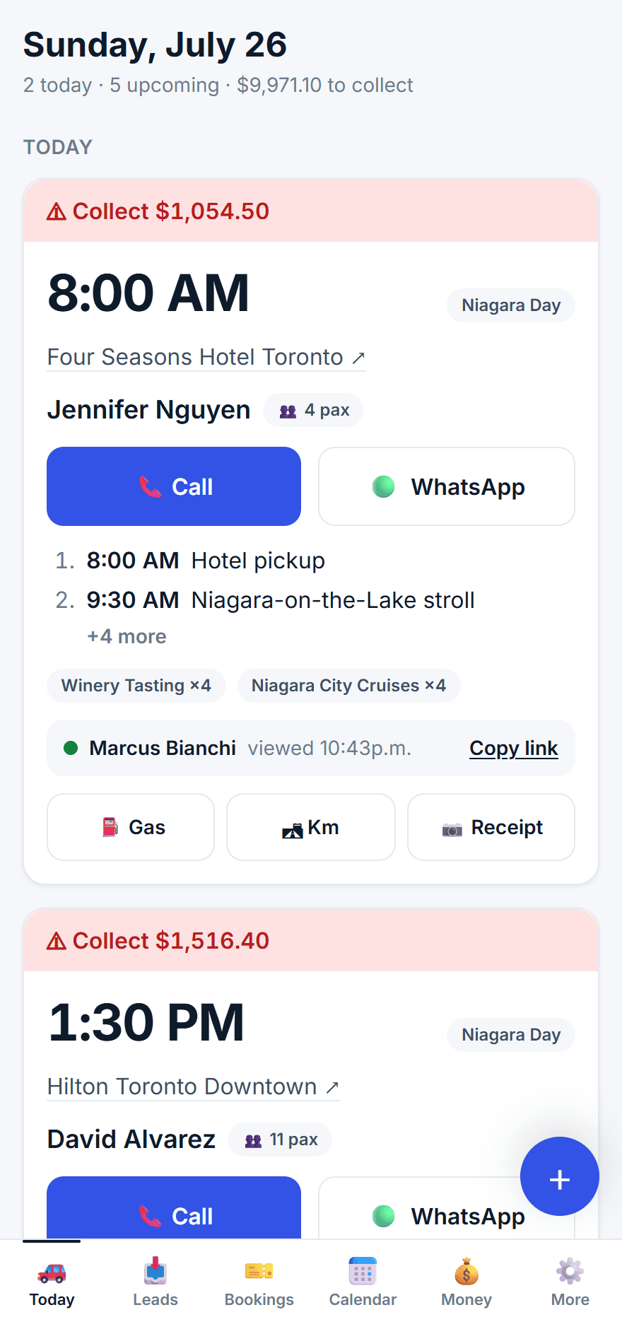 FleetDesk today board — the day’s tours, balances to collect, and guide status